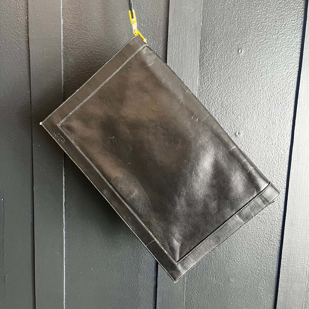 Vintage Lou Taylor Black Leather Envelope Clutch with Built-in Swivel Mirror